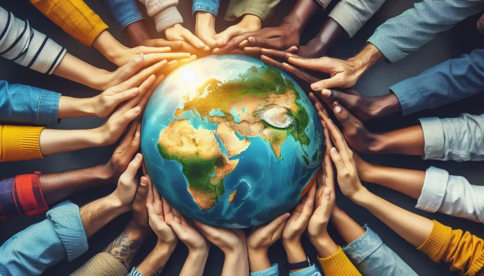 Alt text image: Diverse hands joining together over a globe, symbolizing global unity and cooperation across borders.