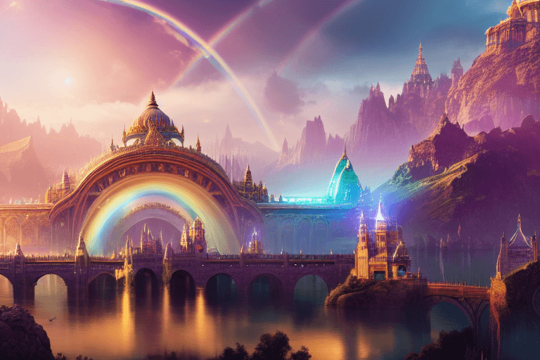 An image of a castle with a rainbow over it, symbolizing Patanjali's Samadhi journey towards unity.