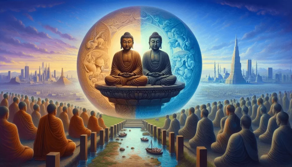 Illustration of Zen philosophy and non-duality concepts, depicting interconnectedness and inner peace influencing political transformation.