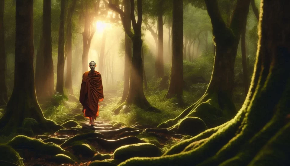 A Buddhist monk walking through a serene forest, symbolizing the spiritual journey of wisdom and innocence.