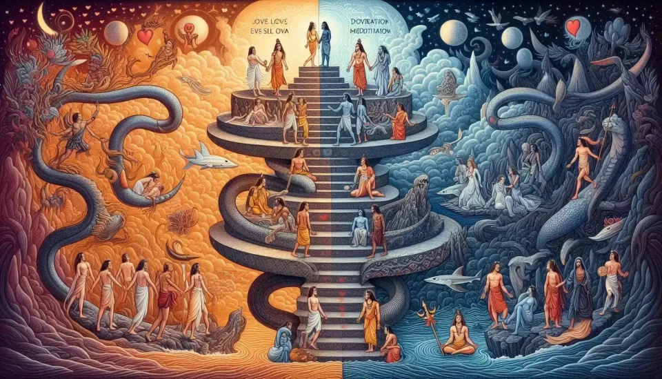 "Comparison of Shiva vs. Saraha Tantra paths illustrating differences between love and meditation approaches in spiritual practice."