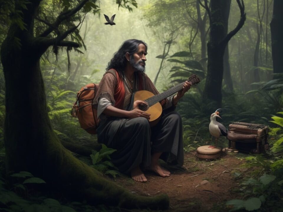 A man playing a guitar in the forest during his personal quest for truth and discovery.